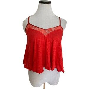 Free People Womens First Love Tank Top Size XS Red Coral Swing Top Lace Linen
